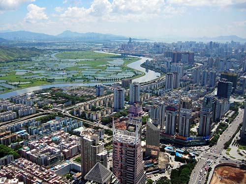 Aerial view of the city center of Shenzhen.